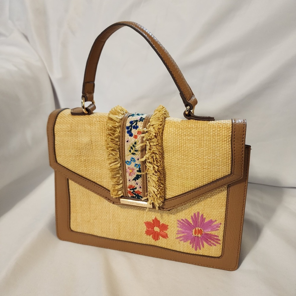 Anne Klein Carrie Fringe Floral Straw Raffia Embroidered Satchel‎ -